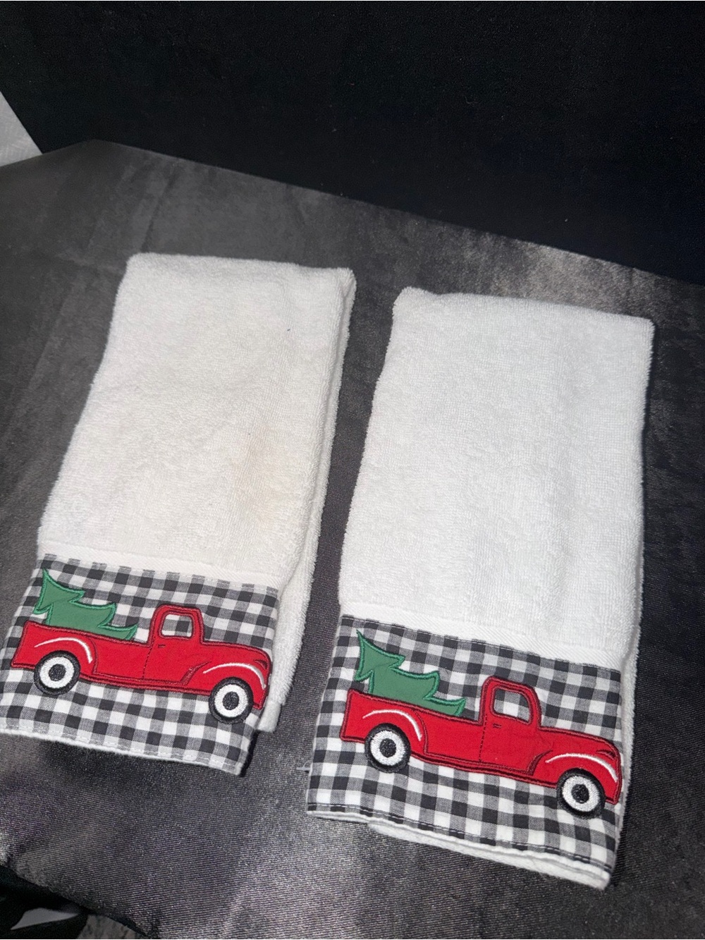 Holiday Red Truck Hand Towels with Black Gingham Trim